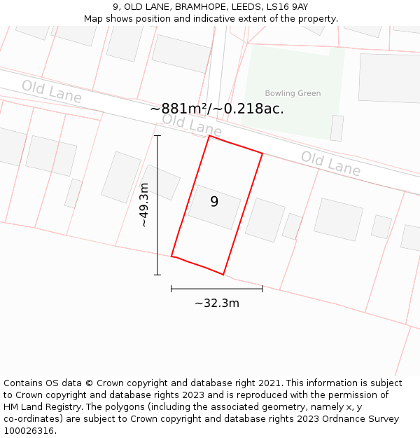 9, OLD LANE, BRAMHOPE, LEEDS, LS16 9AY: Plot and title map