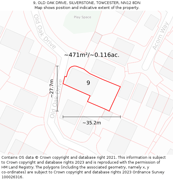 9, OLD OAK DRIVE, SILVERSTONE, TOWCESTER, NN12 8DN: Plot and title map