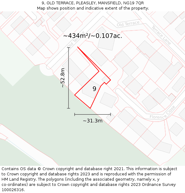 9, OLD TERRACE, PLEASLEY, MANSFIELD, NG19 7QR: Plot and title map