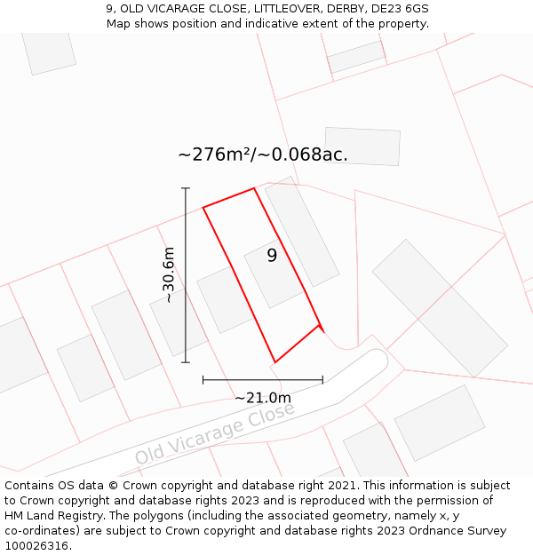 9, OLD VICARAGE CLOSE, LITTLEOVER, DERBY, DE23 6GS: Plot and title map