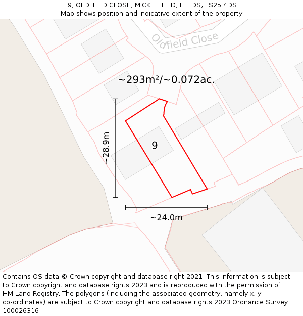 9, OLDFIELD CLOSE, MICKLEFIELD, LEEDS, LS25 4DS: Plot and title map