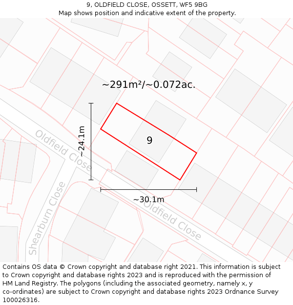 9, OLDFIELD CLOSE, OSSETT, WF5 9BG: Plot and title map