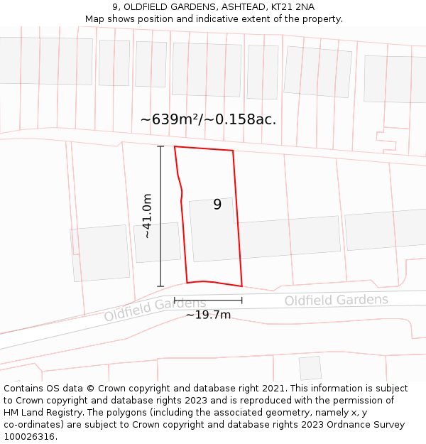 9, OLDFIELD GARDENS, ASHTEAD, KT21 2NA: Plot and title map