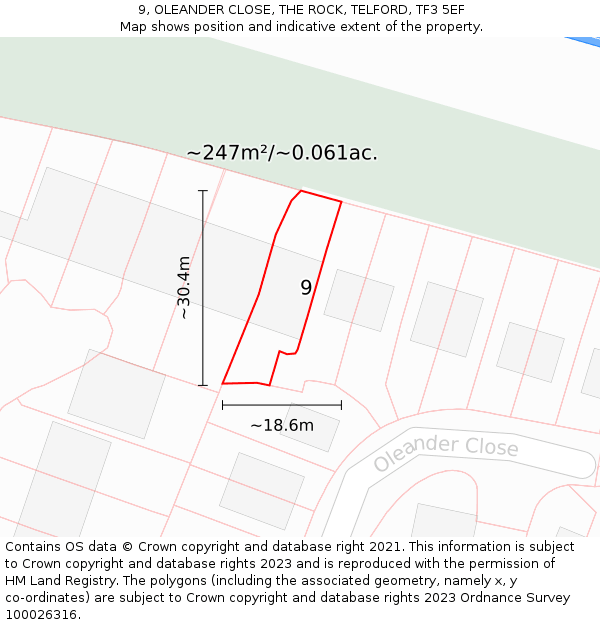 9, OLEANDER CLOSE, THE ROCK, TELFORD, TF3 5EF: Plot and title map
