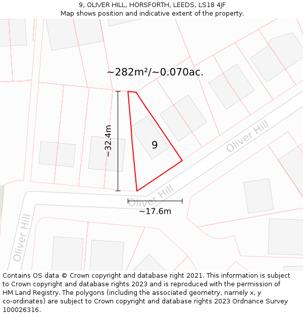 9, OLIVER HILL, HORSFORTH, LEEDS, LS18 4JF: Plot and title map