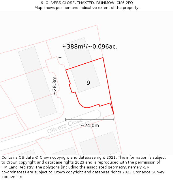 9, OLIVERS CLOSE, THAXTED, DUNMOW, CM6 2FQ: Plot and title map
