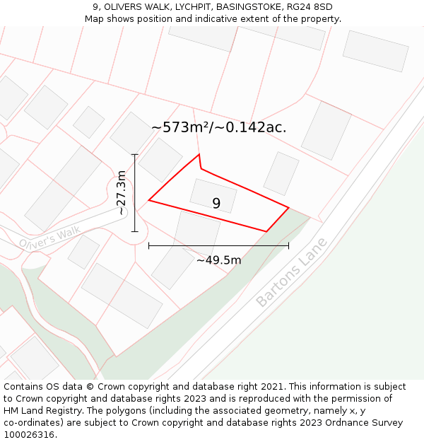 9, OLIVERS WALK, LYCHPIT, BASINGSTOKE, RG24 8SD: Plot and title map