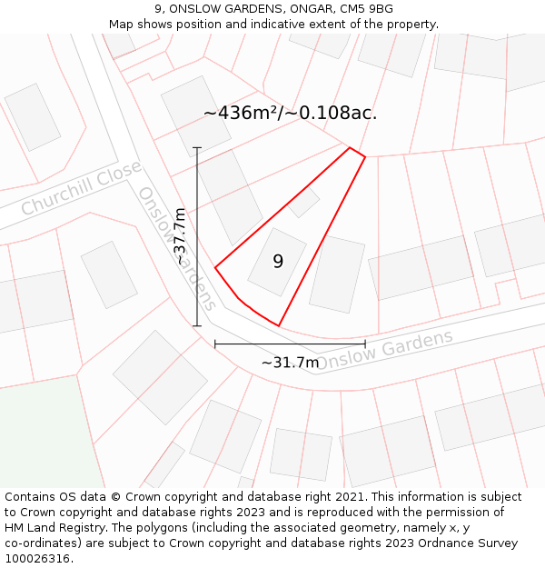 9, ONSLOW GARDENS, ONGAR, CM5 9BG: Plot and title map