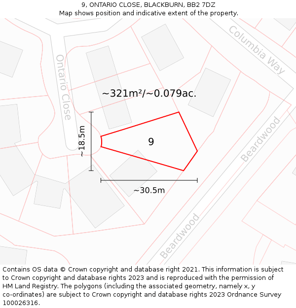 9, ONTARIO CLOSE, BLACKBURN, BB2 7DZ: Plot and title map