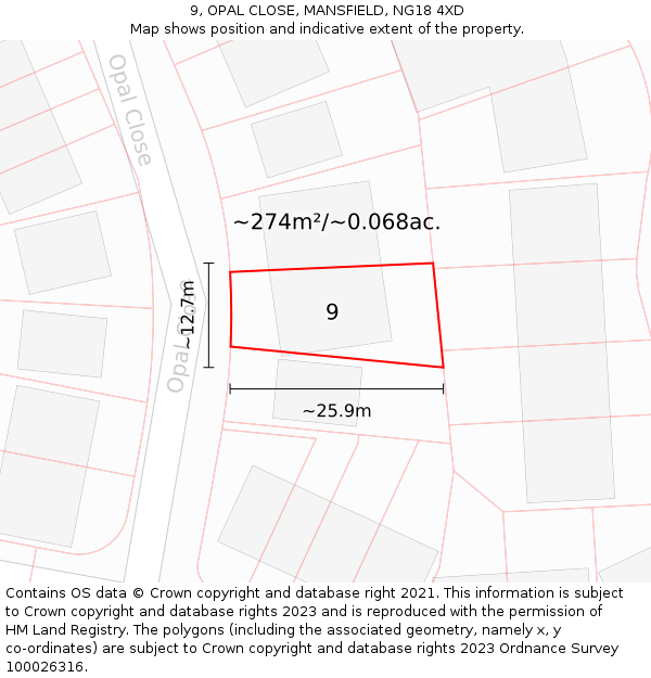 9, OPAL CLOSE, MANSFIELD, NG18 4XD: Plot and title map
