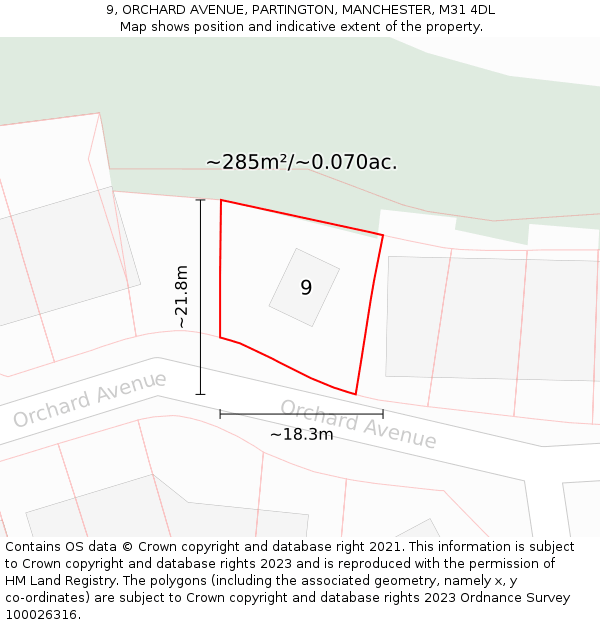 9, ORCHARD AVENUE, PARTINGTON, MANCHESTER, M31 4DL: Plot and title map
