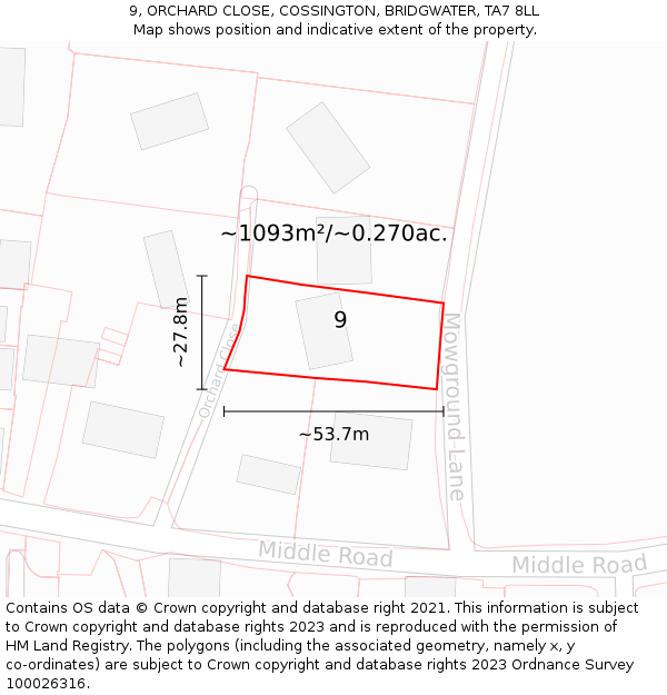 9, ORCHARD CLOSE, COSSINGTON, BRIDGWATER, TA7 8LL: Plot and title map