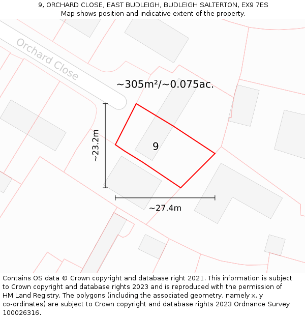 9, ORCHARD CLOSE, EAST BUDLEIGH, BUDLEIGH SALTERTON, EX9 7ES: Plot and title map
