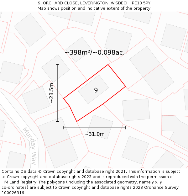 9, ORCHARD CLOSE, LEVERINGTON, WISBECH, PE13 5PY: Plot and title map