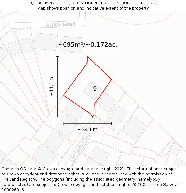 9, ORCHARD CLOSE, OSGATHORPE, LOUGHBOROUGH, LE12 9UF: Plot and title map