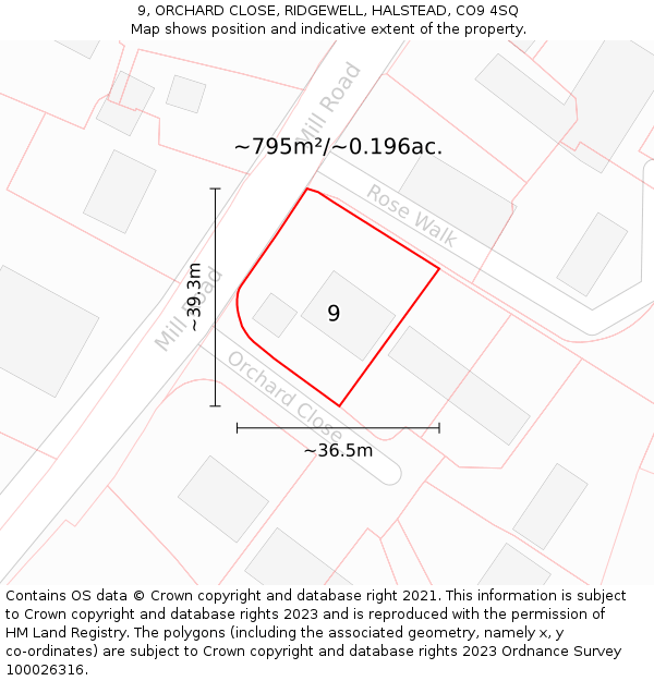 9, ORCHARD CLOSE, RIDGEWELL, HALSTEAD, CO9 4SQ: Plot and title map