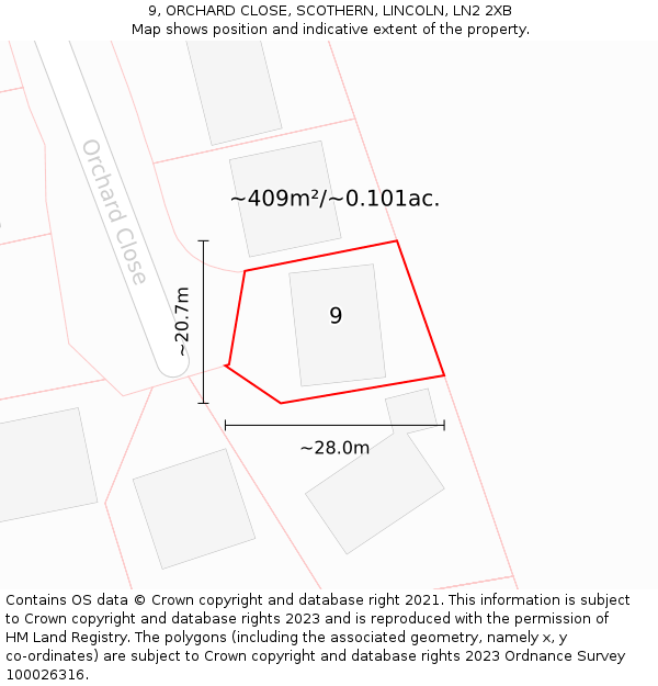 9, ORCHARD CLOSE, SCOTHERN, LINCOLN, LN2 2XB: Plot and title map