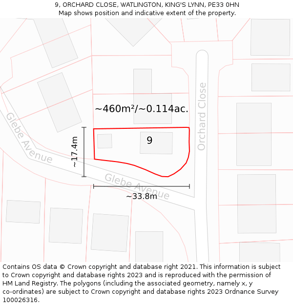 9, ORCHARD CLOSE, WATLINGTON, KING'S LYNN, PE33 0HN: Plot and title map