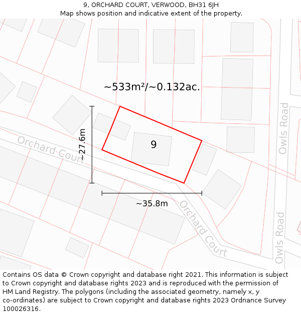 9, ORCHARD COURT, VERWOOD, BH31 6JH: Plot and title map