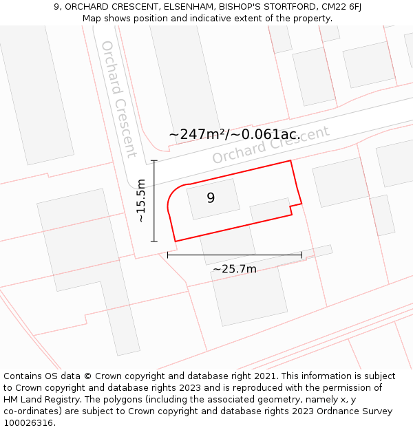 9, ORCHARD CRESCENT, ELSENHAM, BISHOP'S STORTFORD, CM22 6FJ: Plot and title map