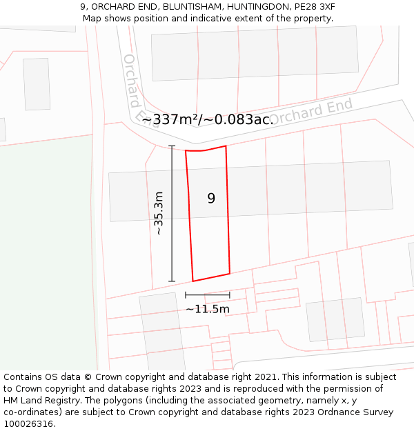 9, ORCHARD END, BLUNTISHAM, HUNTINGDON, PE28 3XF: Plot and title map