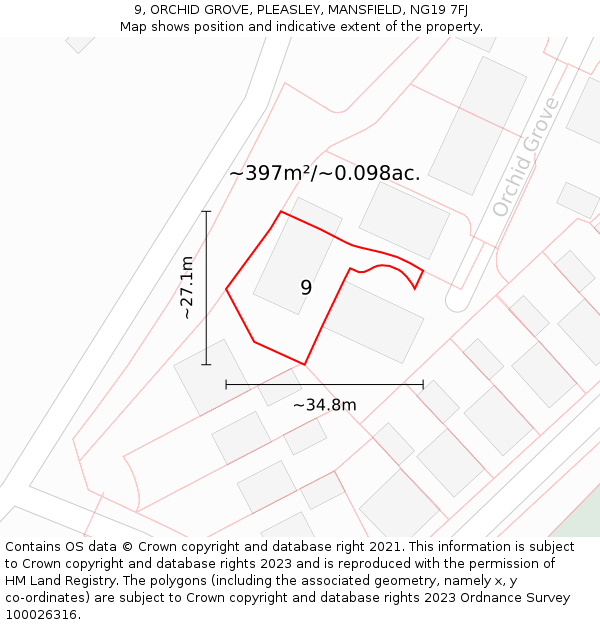 9, ORCHID GROVE, PLEASLEY, MANSFIELD, NG19 7FJ: Plot and title map