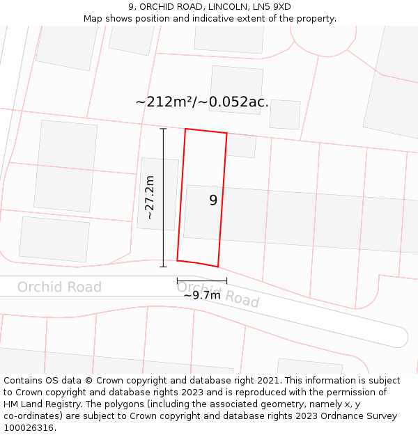 9, ORCHID ROAD, LINCOLN, LN5 9XD: Plot and title map