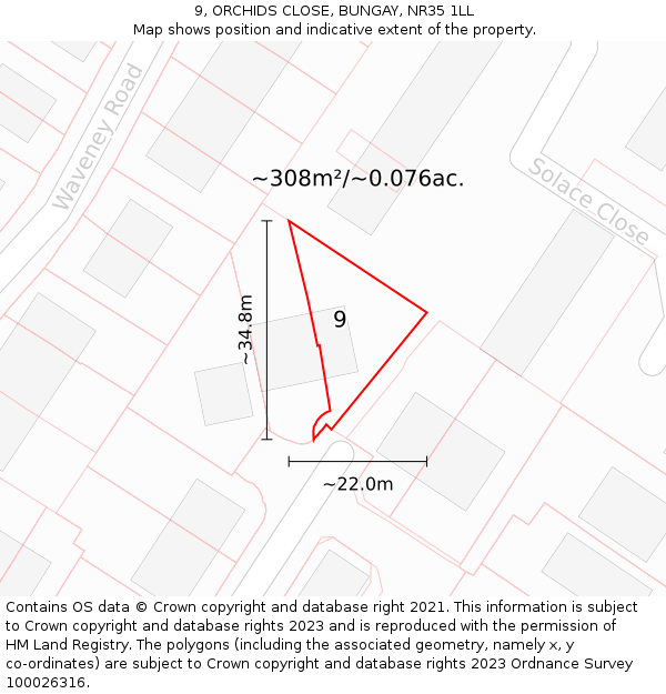 9, ORCHIDS CLOSE, BUNGAY, NR35 1LL: Plot and title map