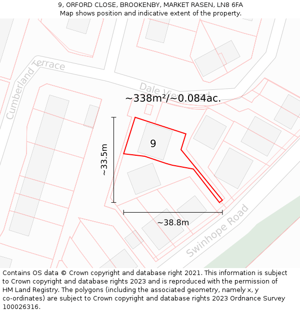 9, ORFORD CLOSE, BROOKENBY, MARKET RASEN, LN8 6FA: Plot and title map
