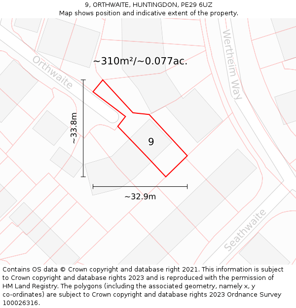 9, ORTHWAITE, HUNTINGDON, PE29 6UZ: Plot and title map