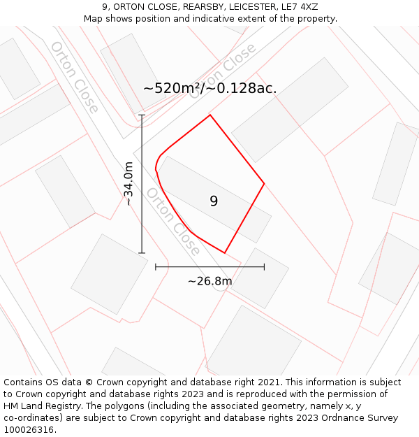 9, ORTON CLOSE, REARSBY, LEICESTER, LE7 4XZ: Plot and title map
