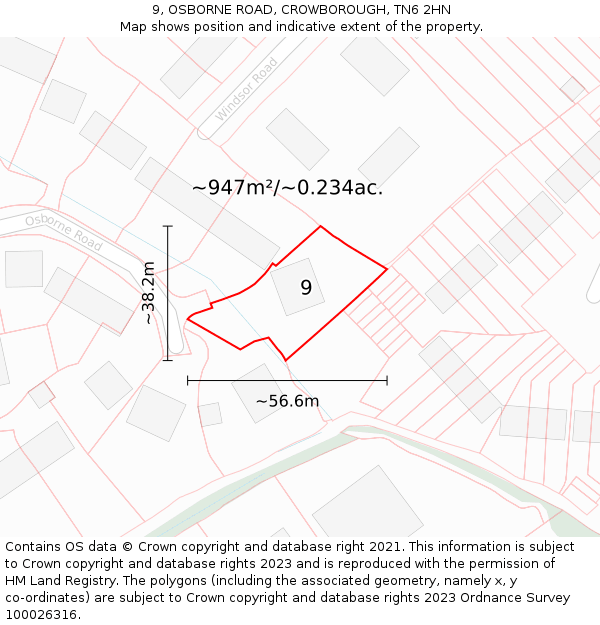 9, OSBORNE ROAD, CROWBOROUGH, TN6 2HN: Plot and title map
