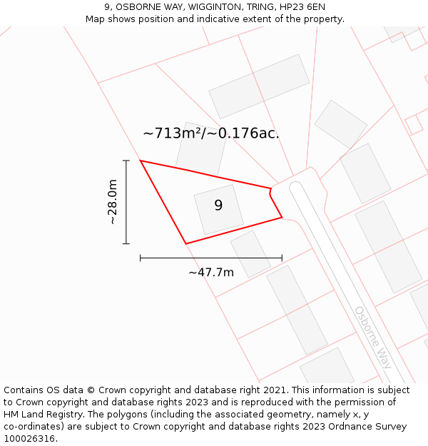 9, OSBORNE WAY, WIGGINTON, TRING, HP23 6EN: Plot and title map
