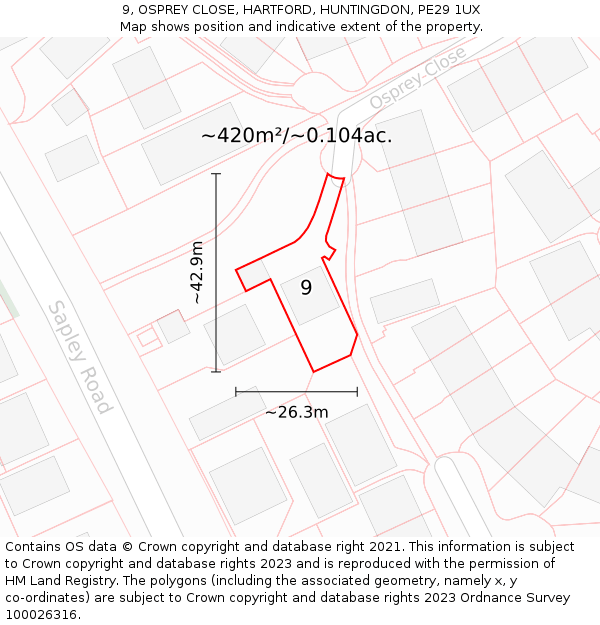 9, OSPREY CLOSE, HARTFORD, HUNTINGDON, PE29 1UX: Plot and title map