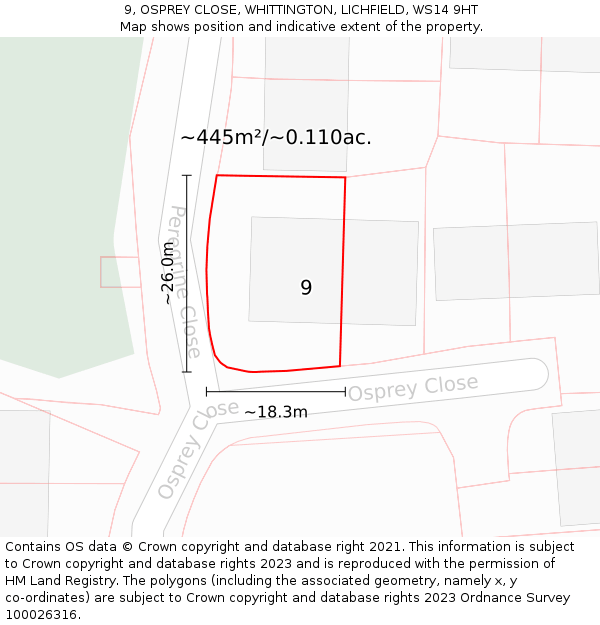 9, OSPREY CLOSE, WHITTINGTON, LICHFIELD, WS14 9HT: Plot and title map
