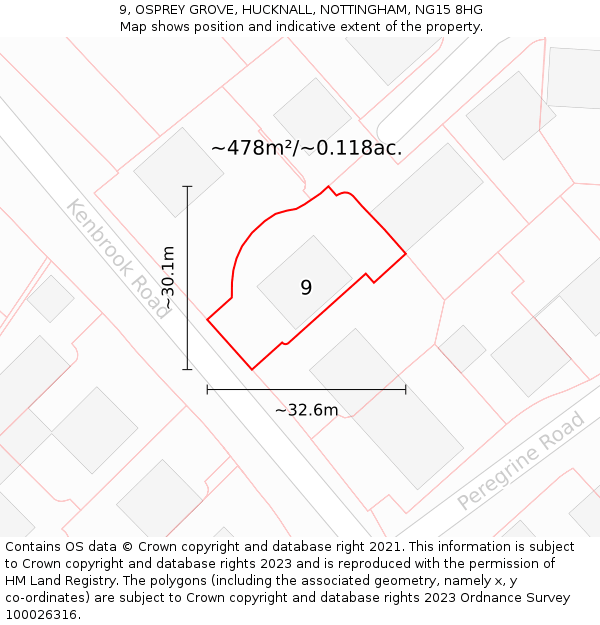 9, OSPREY GROVE, HUCKNALL, NOTTINGHAM, NG15 8HG: Plot and title map