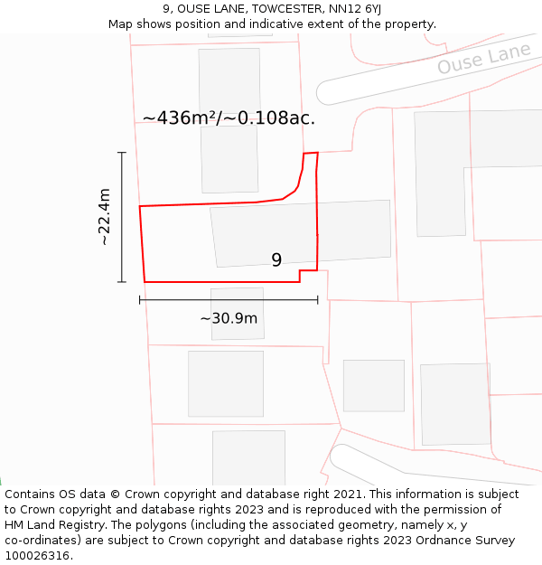 9, OUSE LANE, TOWCESTER, NN12 6YJ: Plot and title map