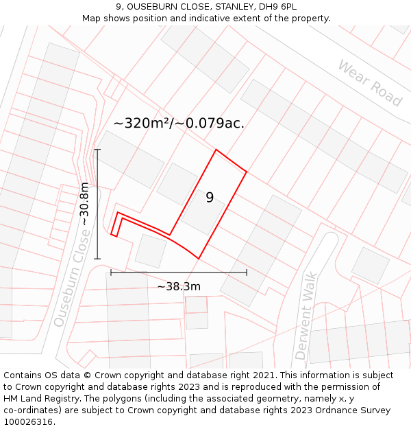 9, OUSEBURN CLOSE, STANLEY, DH9 6PL: Plot and title map