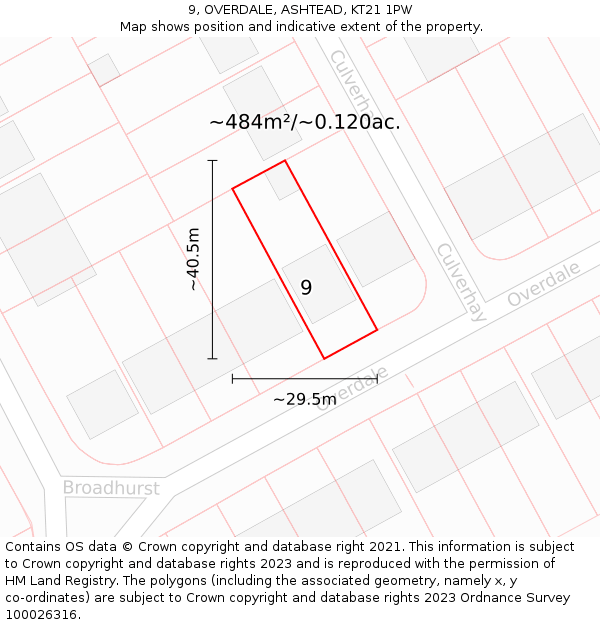 9, OVERDALE, ASHTEAD, KT21 1PW: Plot and title map