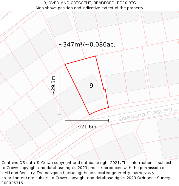 9, OVERLAND CRESCENT, BRADFORD, BD10 9TG: Plot and title map
