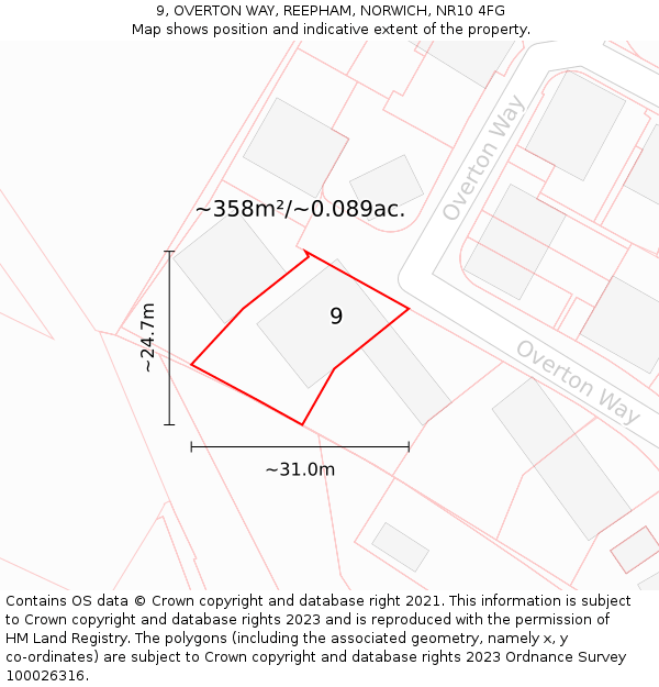 9, OVERTON WAY, REEPHAM, NORWICH, NR10 4FG: Plot and title map
