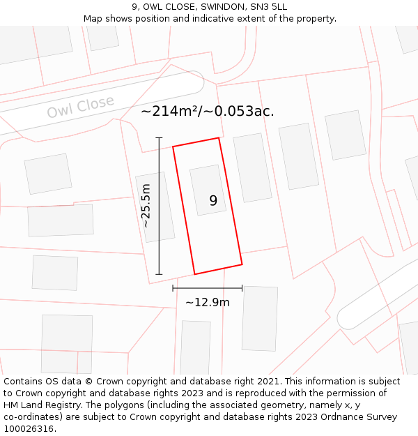 9, OWL CLOSE, SWINDON, SN3 5LL: Plot and title map
