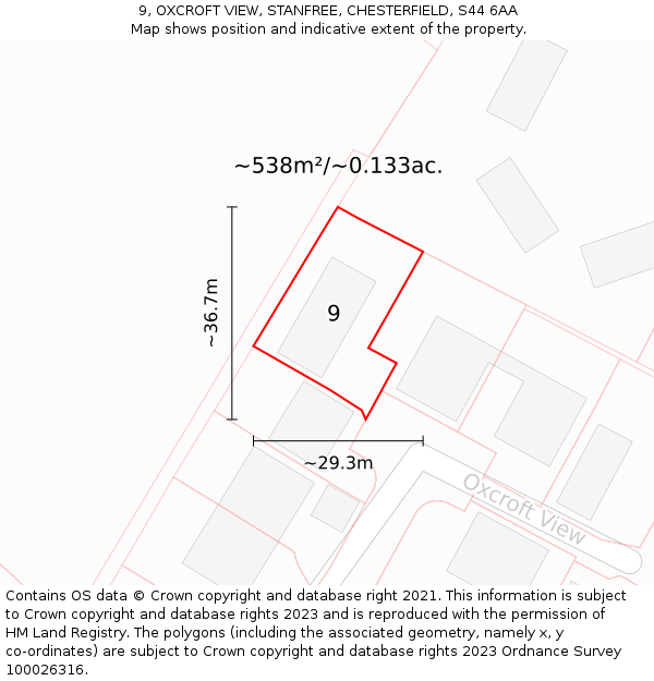 9, OXCROFT VIEW, STANFREE, CHESTERFIELD, S44 6AA: Plot and title map
