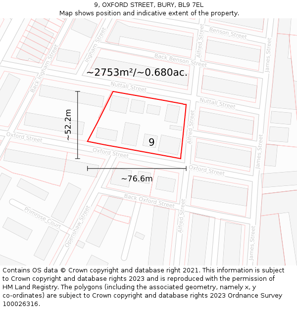 9, OXFORD STREET, BURY, BL9 7EL: Plot and title map
