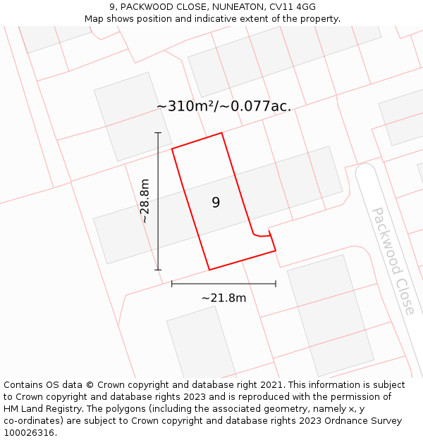 9, PACKWOOD CLOSE, NUNEATON, CV11 4GG: Plot and title map