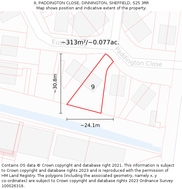 9, PADDINGTON CLOSE, DINNINGTON, SHEFFIELD, S25 3RR: Plot and title map