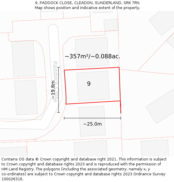9, PADDOCK CLOSE, CLEADON, SUNDERLAND, SR6 7RN: Plot and title map
