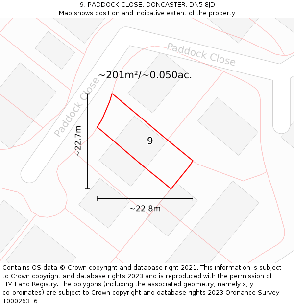 9, PADDOCK CLOSE, DONCASTER, DN5 8JD: Plot and title map