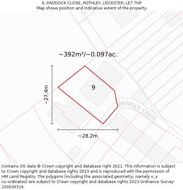 9, PADDOCK CLOSE, ROTHLEY, LEICESTER, LE7 7NP: Plot and title map