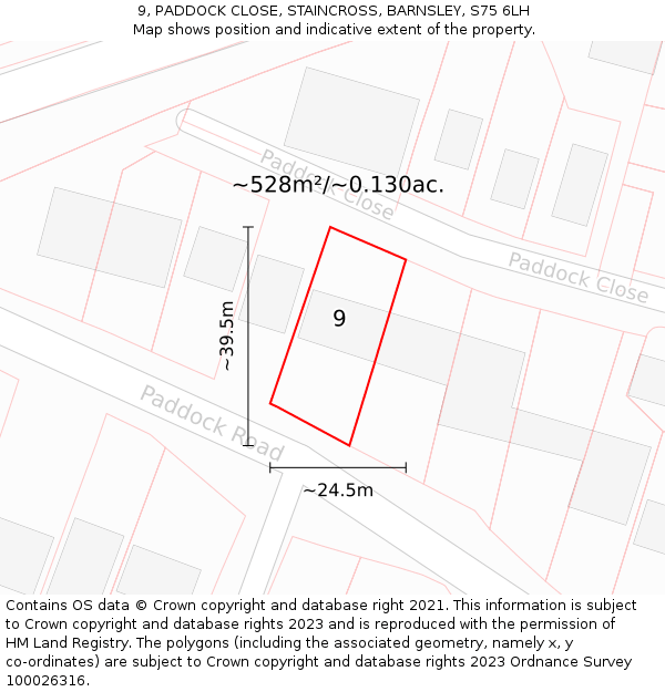 9, PADDOCK CLOSE, STAINCROSS, BARNSLEY, S75 6LH: Plot and title map